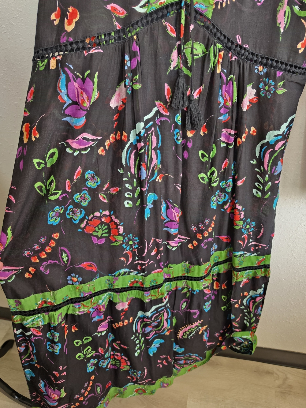 KikiSol XL Black Multicolor Floral Boho Tassel Tie Midi Maxi Dress - Picture 3 of 7
